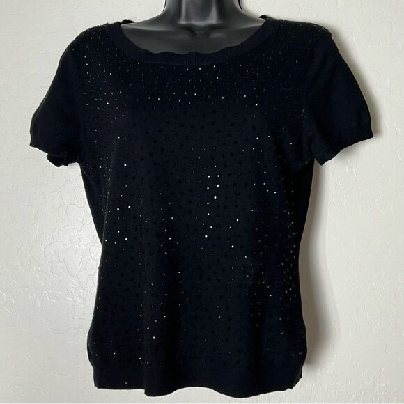 Classic Beaded Sweater Sparkle Black Studs Lightweight Short Sleeve Crew neck M - Picture 1 of 14